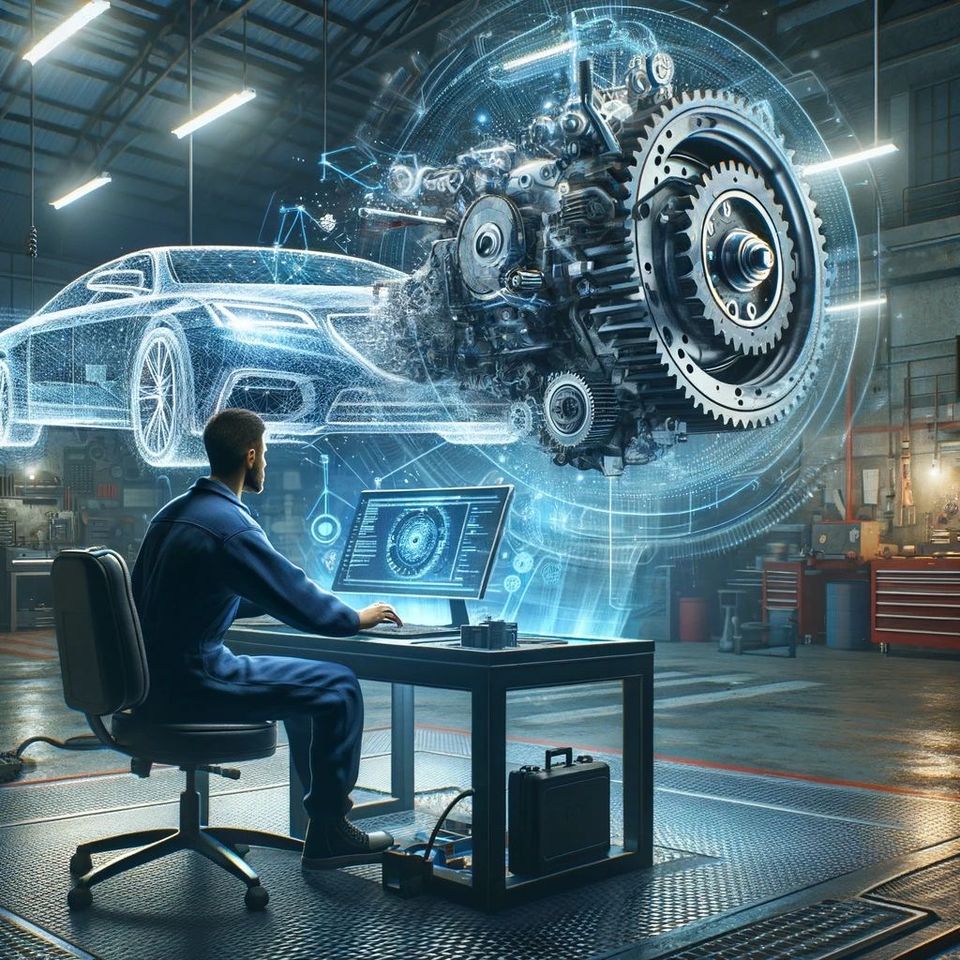 A mechanic at a computer running diagnostics on a car