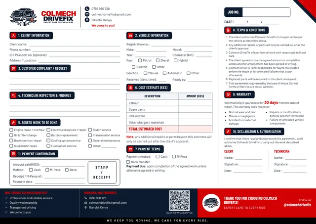 Preview of the job card and service agreement
