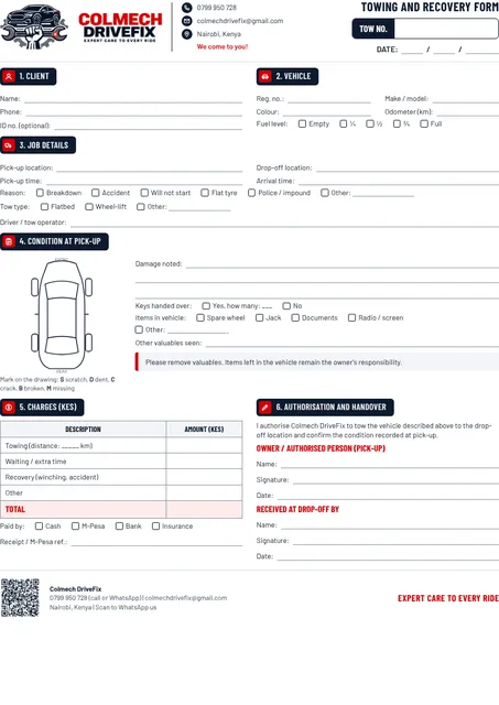 Preview of the towing and recovery form