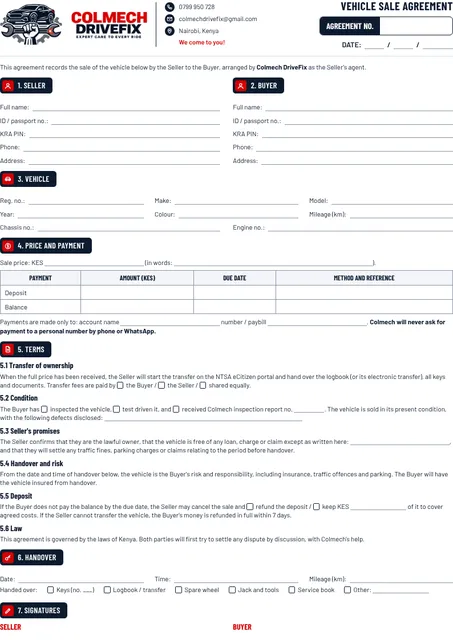 Preview of the vehicle sale agreement