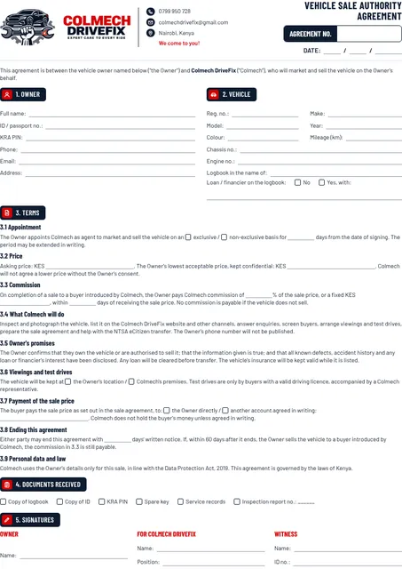 Preview of the vehicle sale authority agreement